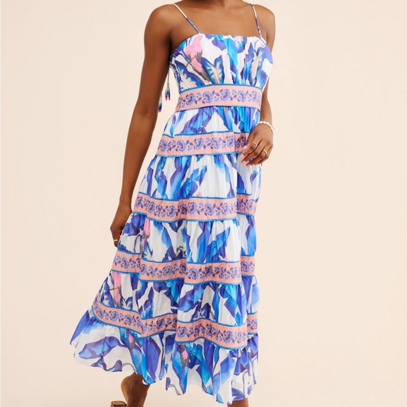 Farm Rio Off White Blue Foliage Midi Dress Tassel Strap Tiered S